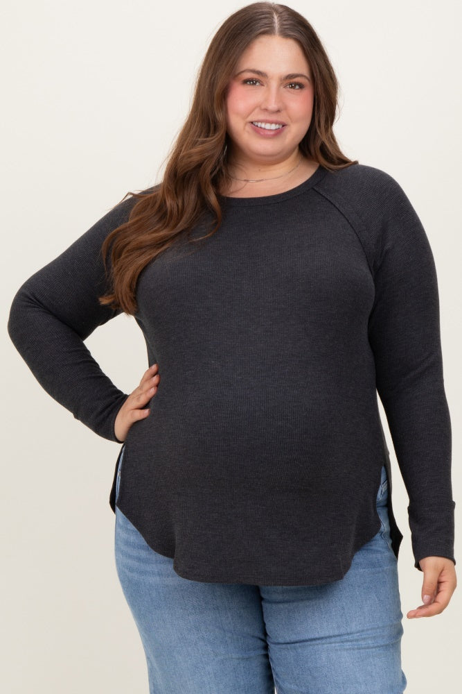 Charcoal Baby Waffle Knit Long Sleeve Maternity Plus Top