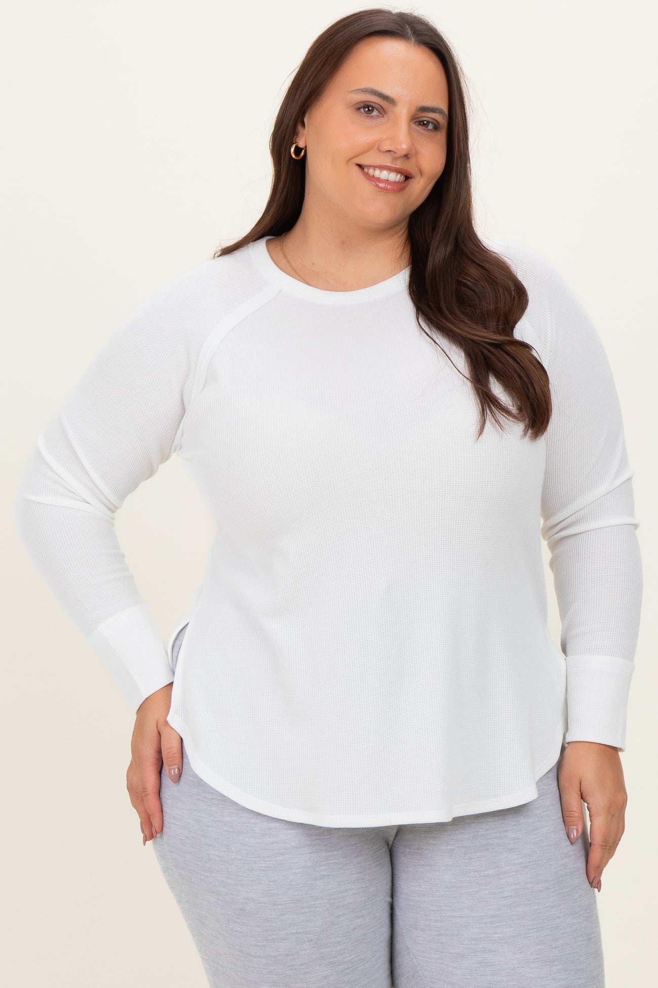 White Baby Waffle Knit Long Sleeve Maternity Plus Top