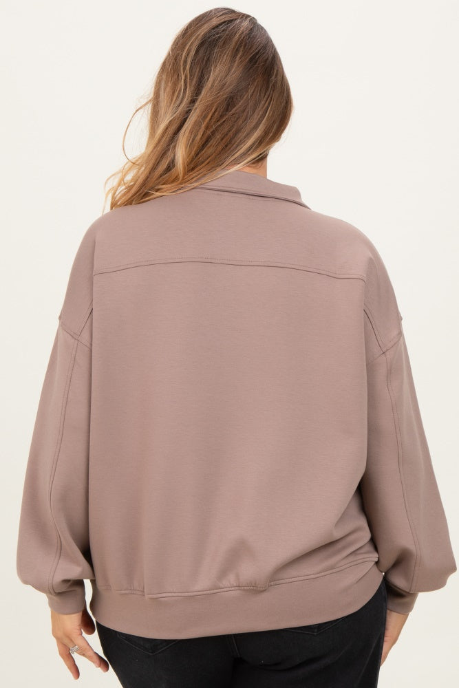 Light Mocha Half Zip Maternity Plus Pullover