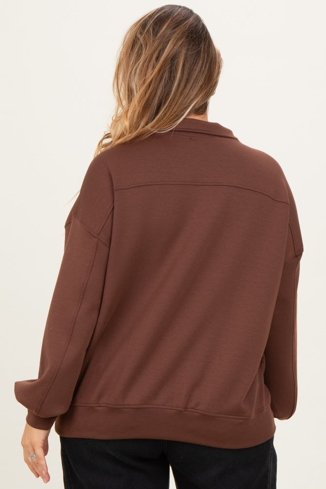 Brown Half Zip Maternity Plus Pullover
