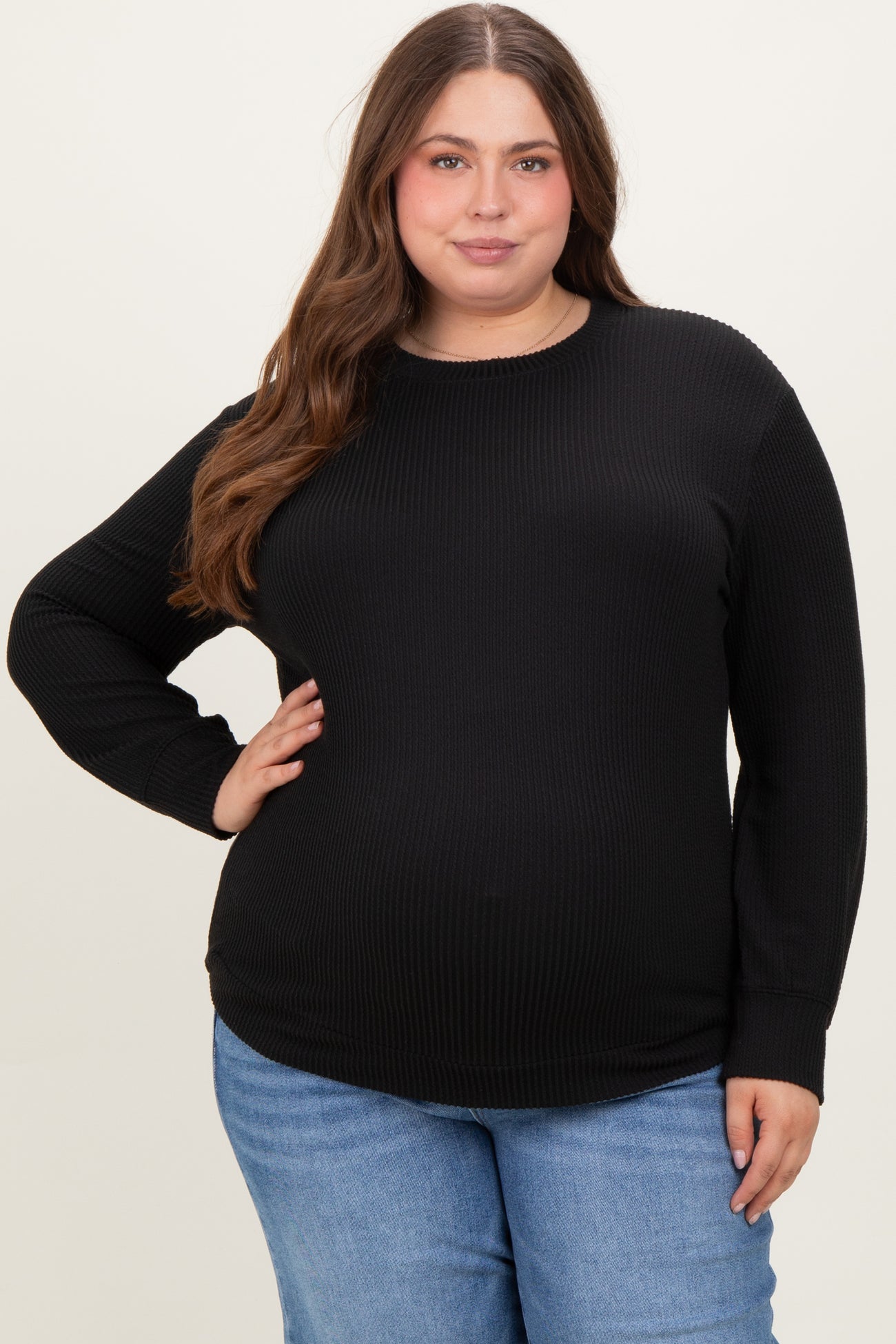 Black Textured Ribbed Long Sleeve Maternity Plus Top