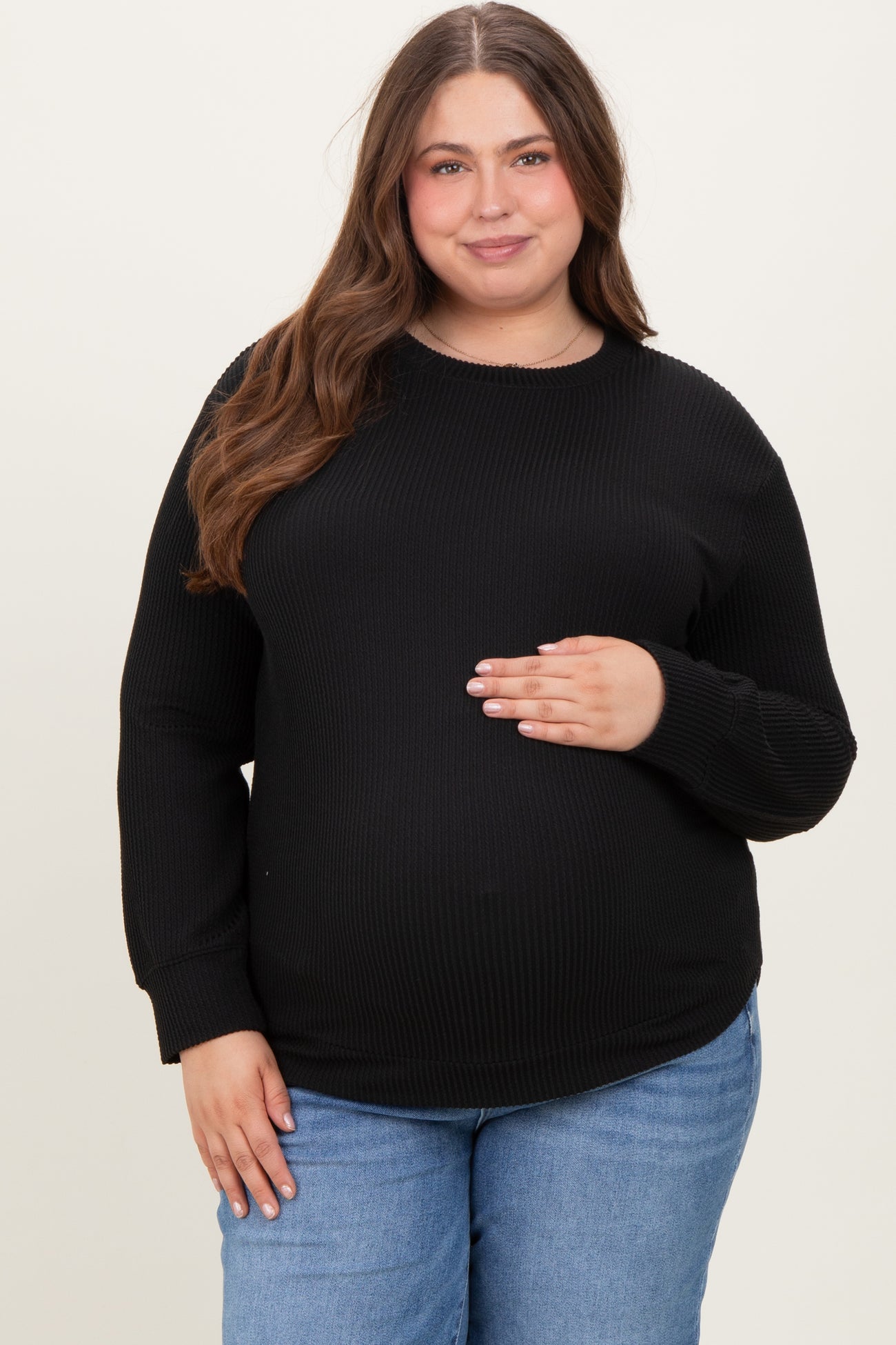Black Textured Ribbed Long Sleeve Maternity Plus Top