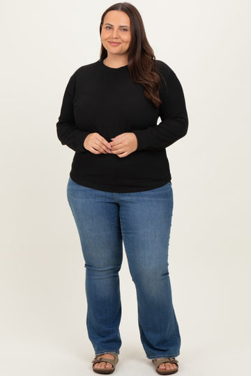 Black Textured Ribbed Long Sleeve Plus Top