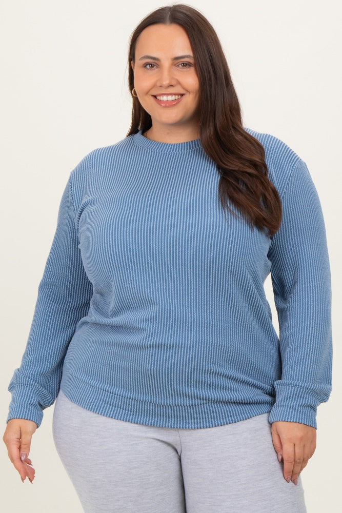 Blue Textured Ribbed Long Sleeve Maternity Plus Top