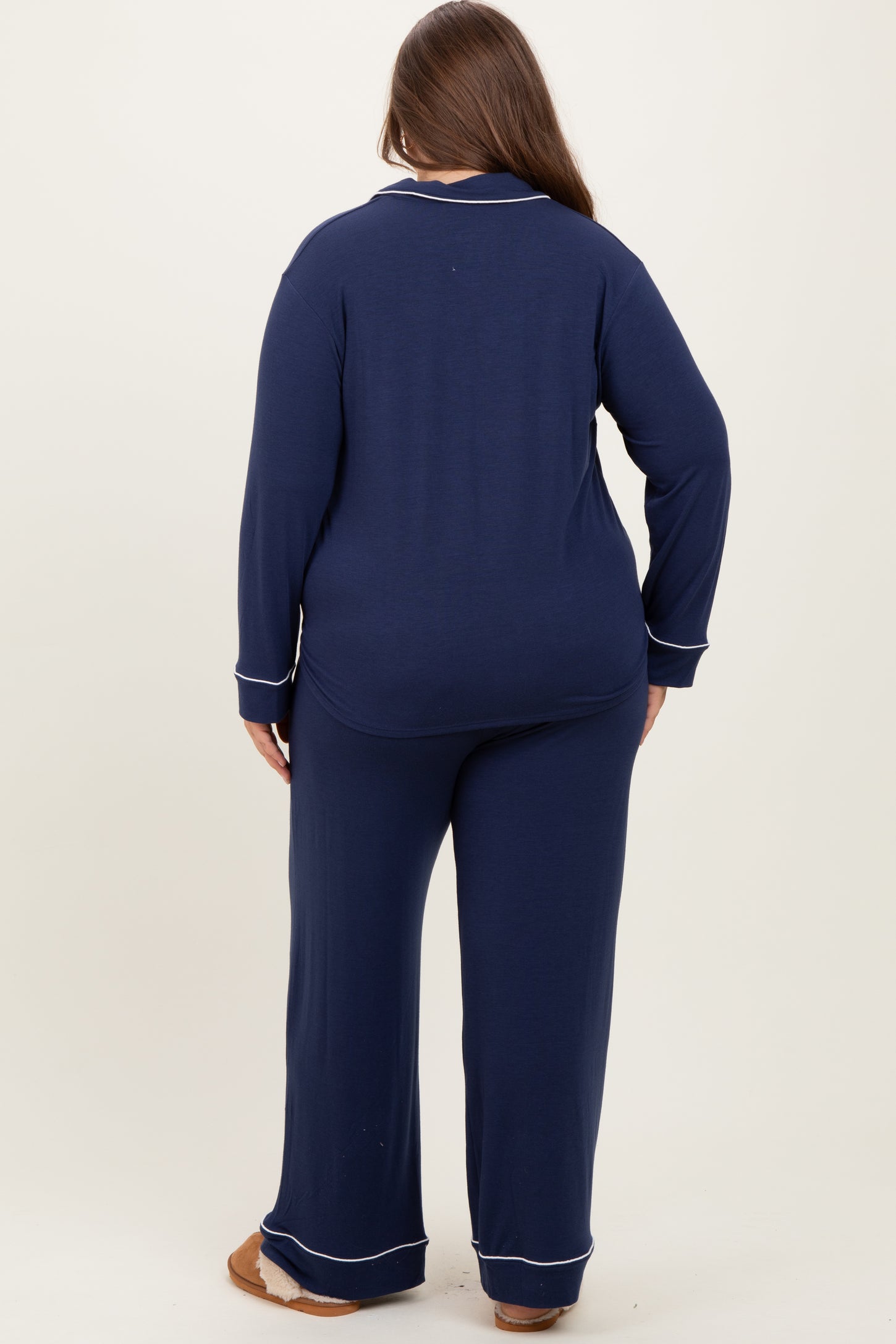 Navy Button Down Top Wide Leg Pant Maternity Plus Pajama Set