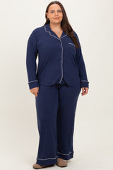 Navy Button Down Top Wide Leg Pant Plus Pajama Set
