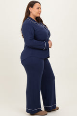 Navy Button Down Top Wide Leg Pant Plus Pajama Set