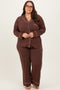 Brown Button Down Top Wide Leg Pant Plus Pajama Set