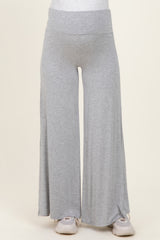 maternity wear in light grey wide-leg lounge pants with a comfortable waistband, model is wearing them
