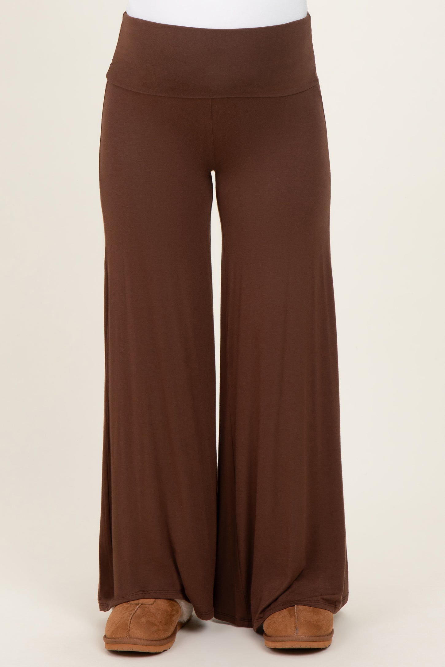 maternity wear brown flared pants with a wide waistband, model not visible