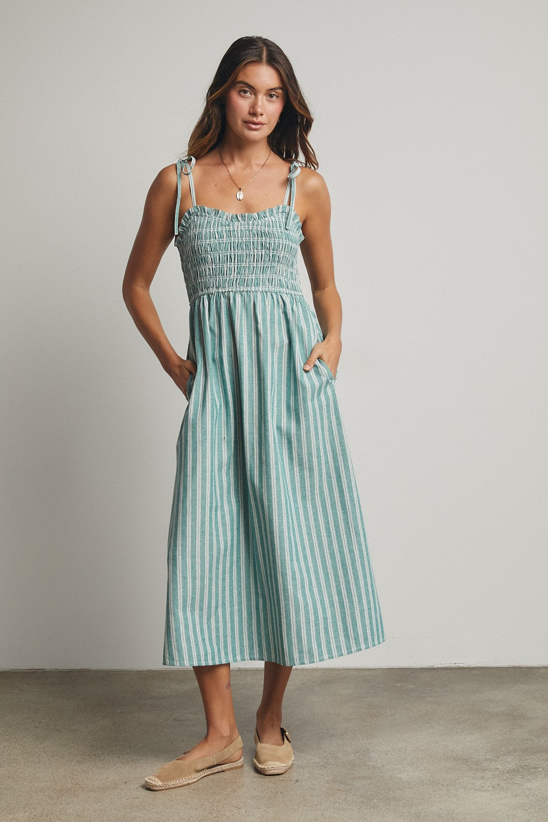 Jade Green Striped Smocked Shoulder Tie Maternity Midi Dress