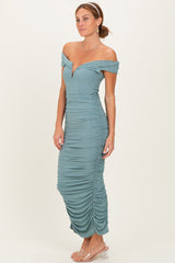 Light Olive Glitter Ruched Off Shoulder Midi Dress