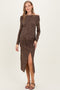 Brown Printed Ruched Side Slit Maternity Midi Dress