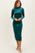 woman wearing a teal long sleeve velvet midi dress with a high neckline and a fitted silhouette