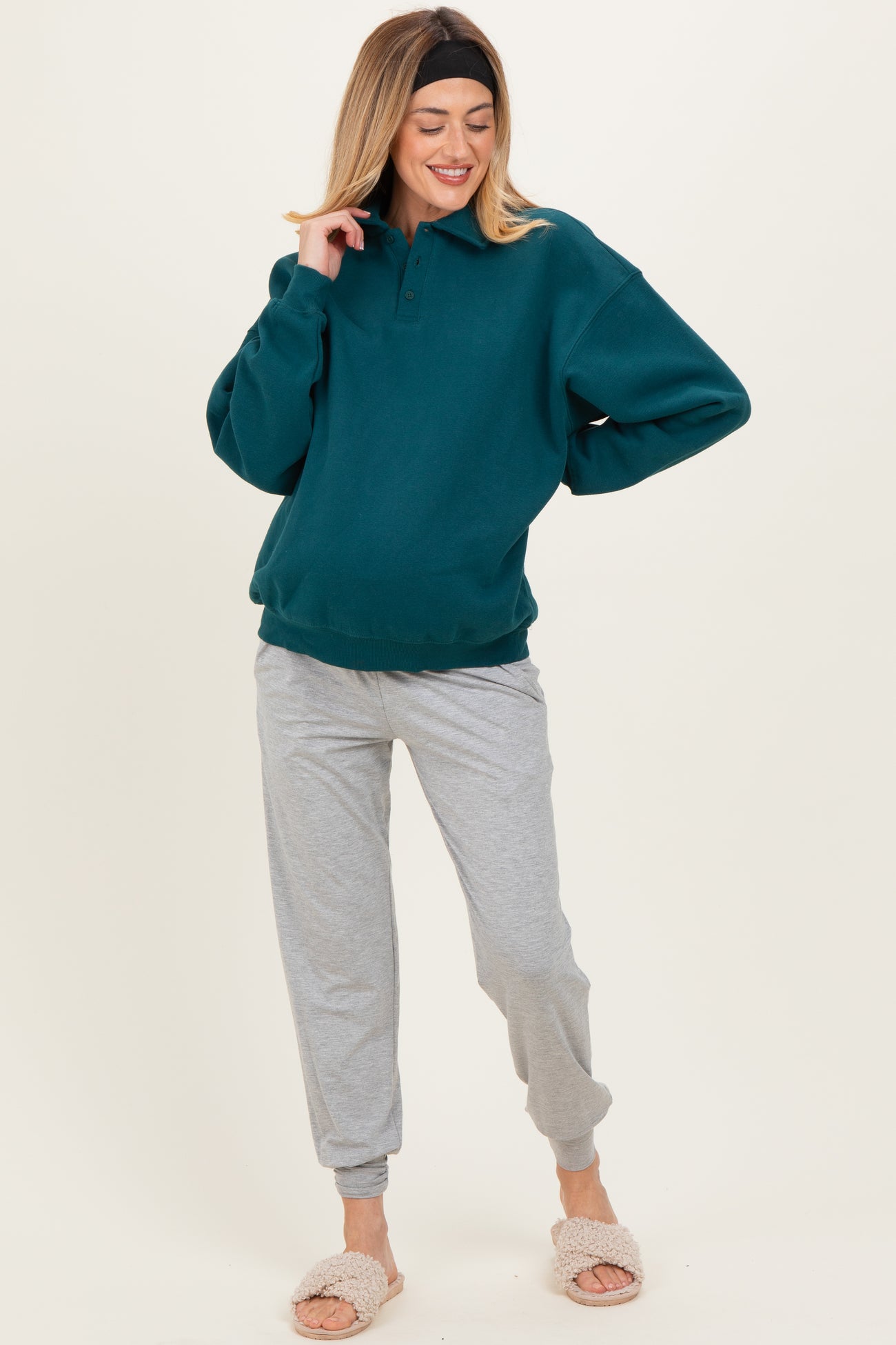 Deep Teal Oversized Polo Maternity Pullover