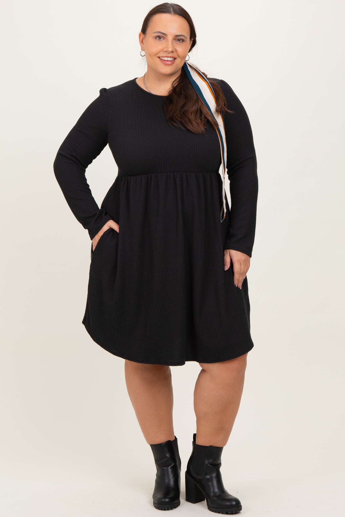 Black Textured Rib Long Sleeve Maternity Plus Dress
