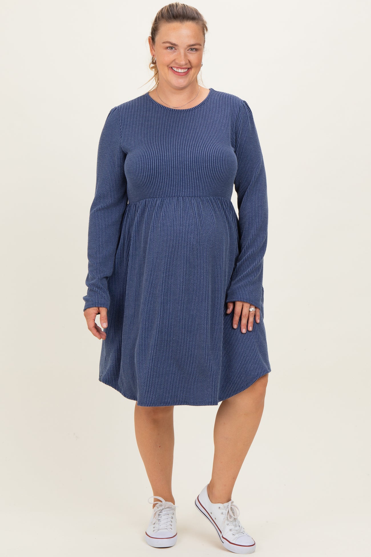 Navy Textured Rib Long Sleeve Maternity Plus Dress