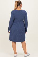 Navy Textured Rib Long Sleeve Maternity Plus Dress
