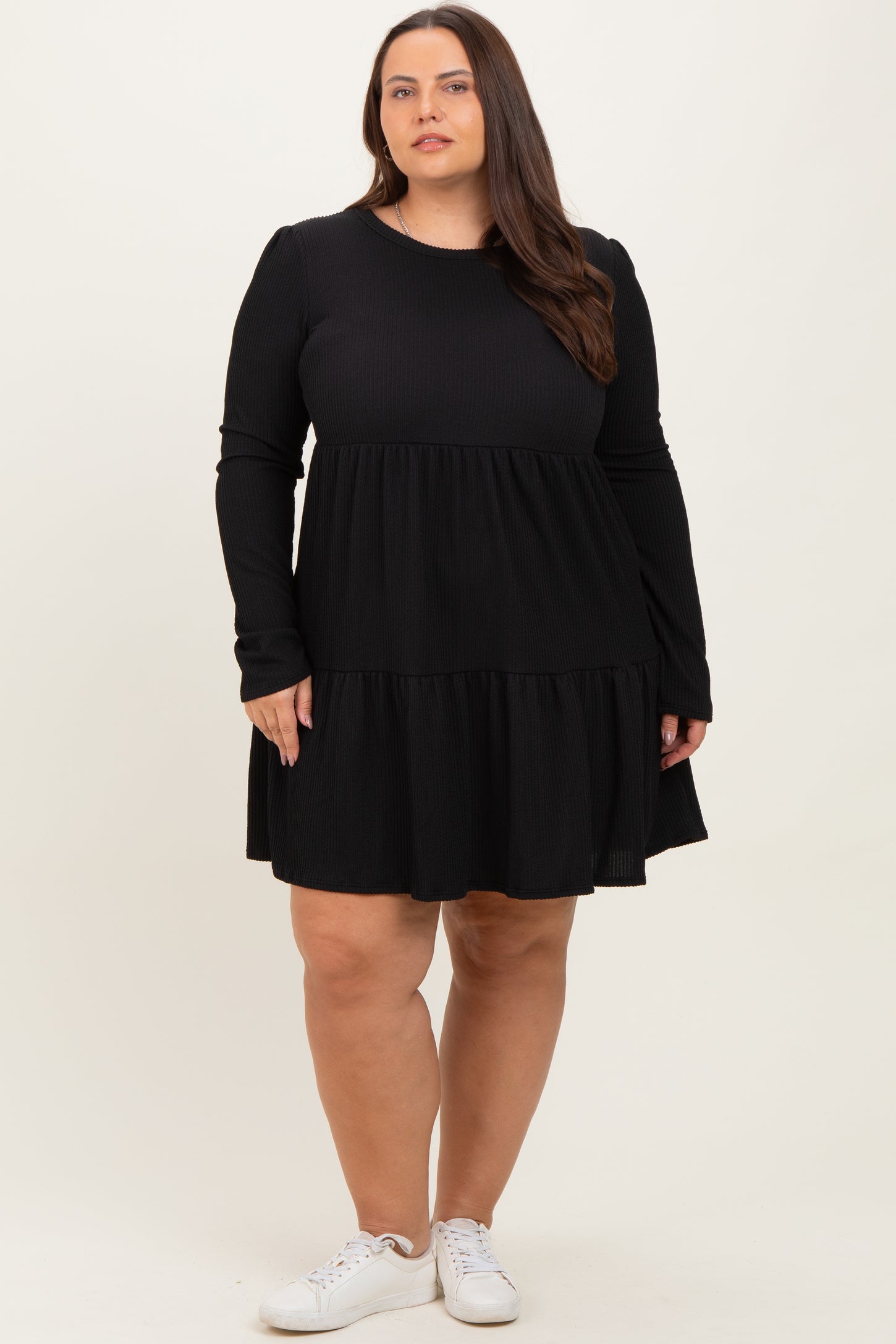 Black Textured Rib Tiered Long Sleeve Maternity Plus Dress