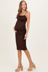 Brown Glitter Ruched Maternity Midi Dress