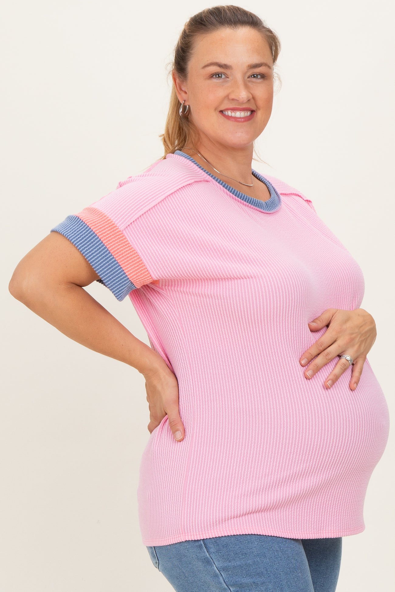 Pink Ribbed Colorblock Detail Maternity Plus Short Sleeve Top
