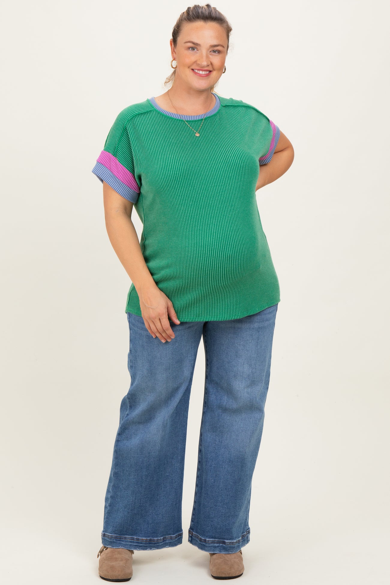 Green Ribbed Colorblock Detail Maternity Plus Short Sleeve Top