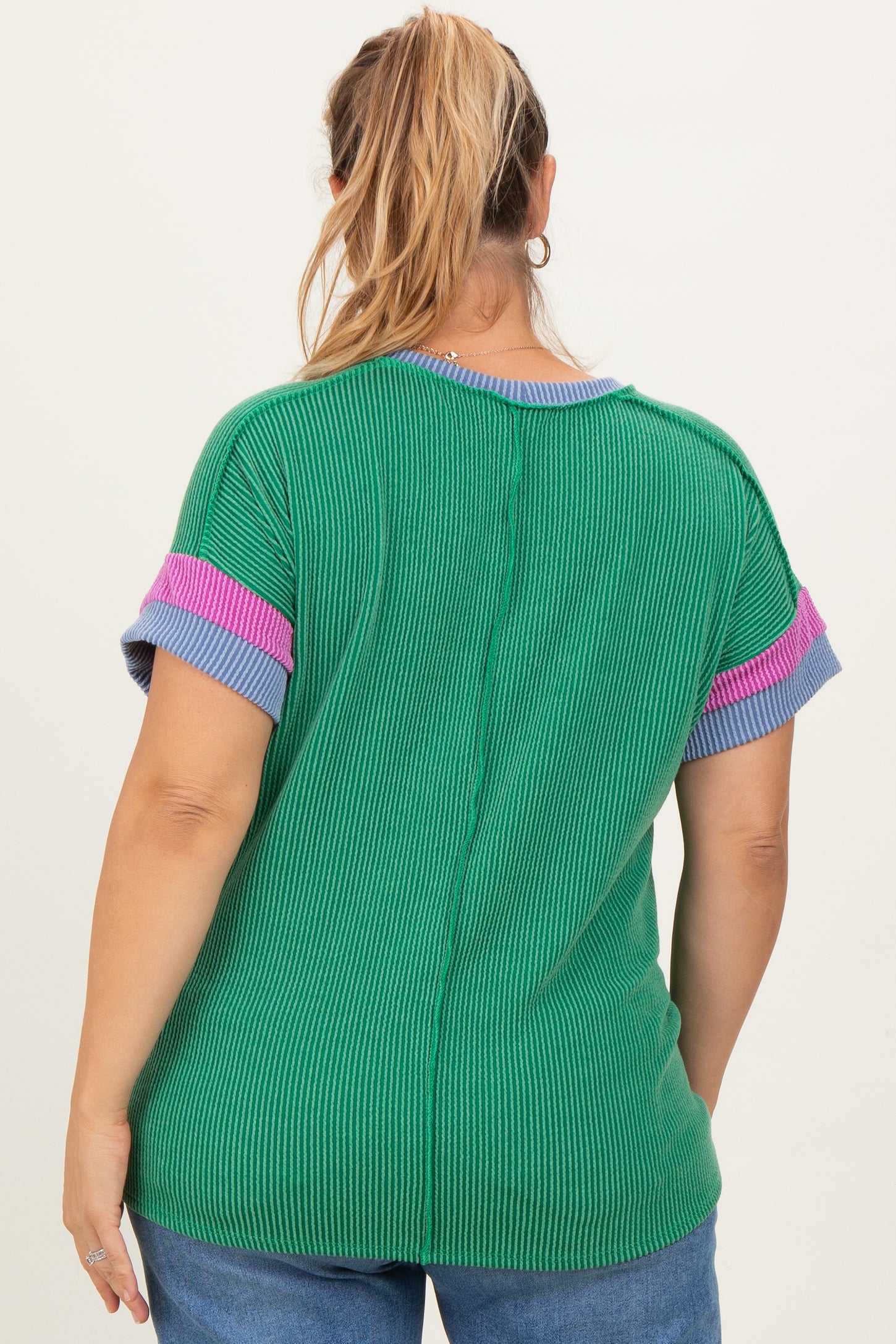 Green Ribbed Colorblock Detail Maternity Plus Short Sleeve Top