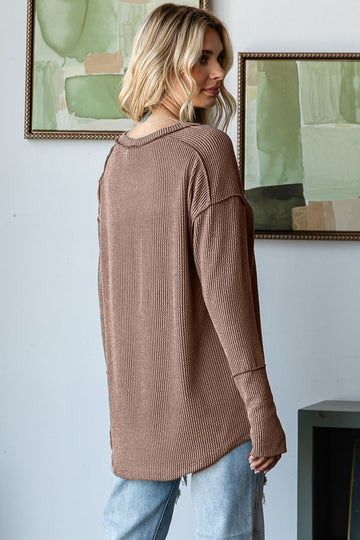 Mocha Textured Rib Thumb Hole Long Sleeve Top