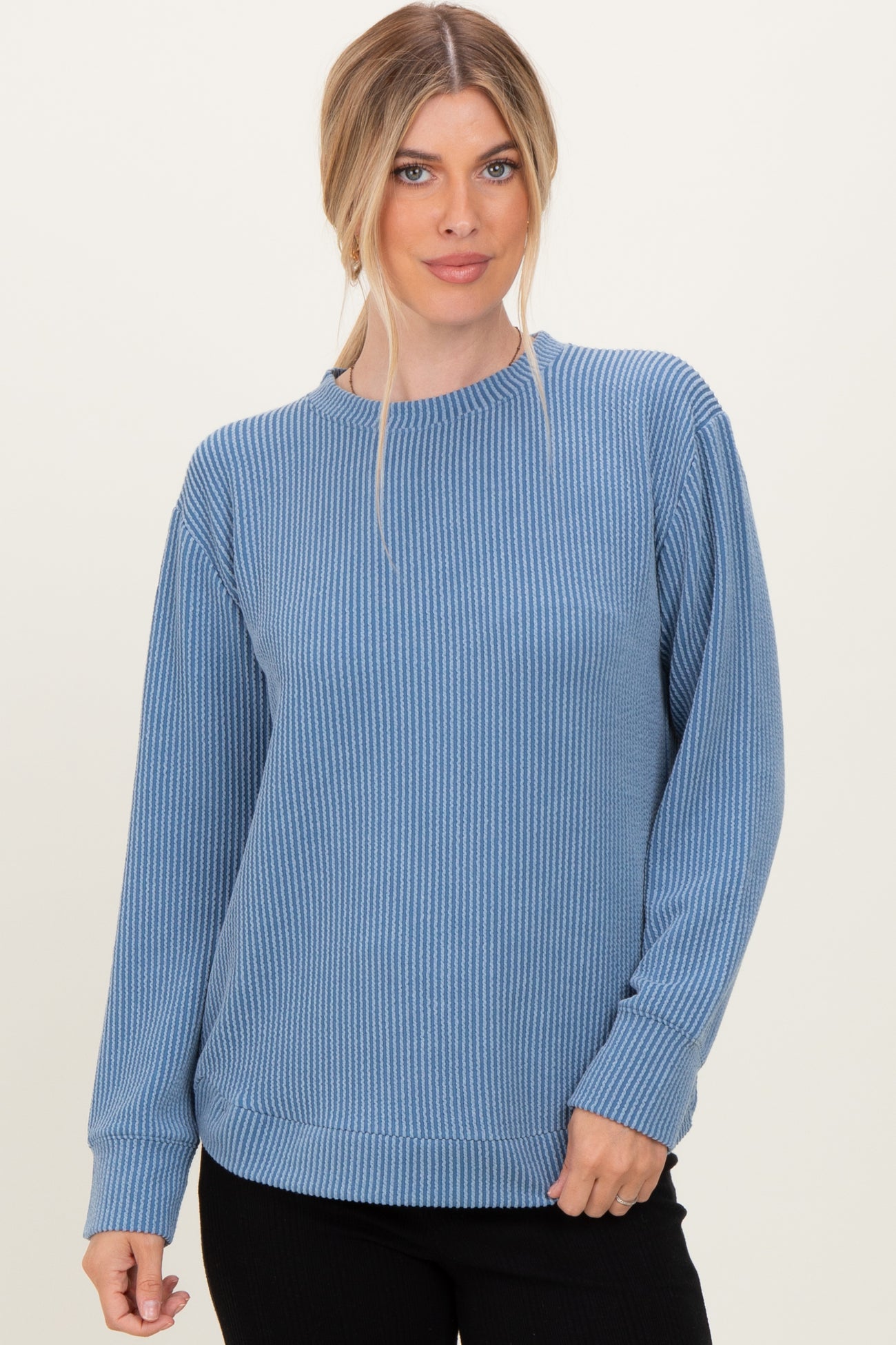Dusty Blue Textured Rib Crew Neck Maternity Long Sleeve