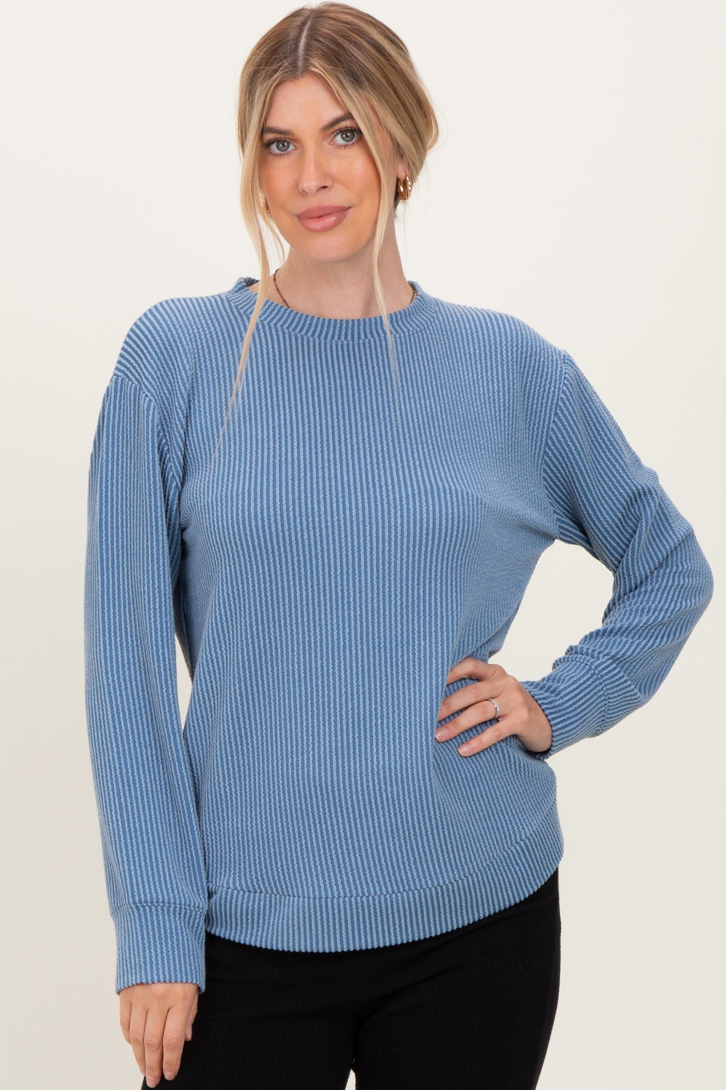 Dusty Blue Textured Rib Crew Neck Long Sleeve