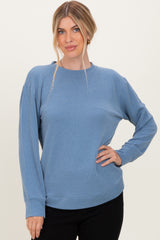 Dusty Blue Textured Rib Crew Neck Long Sleeve