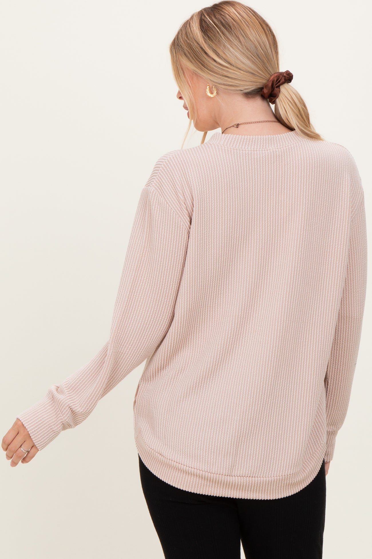Beige Textured Rib Crew Neck Long Sleeve