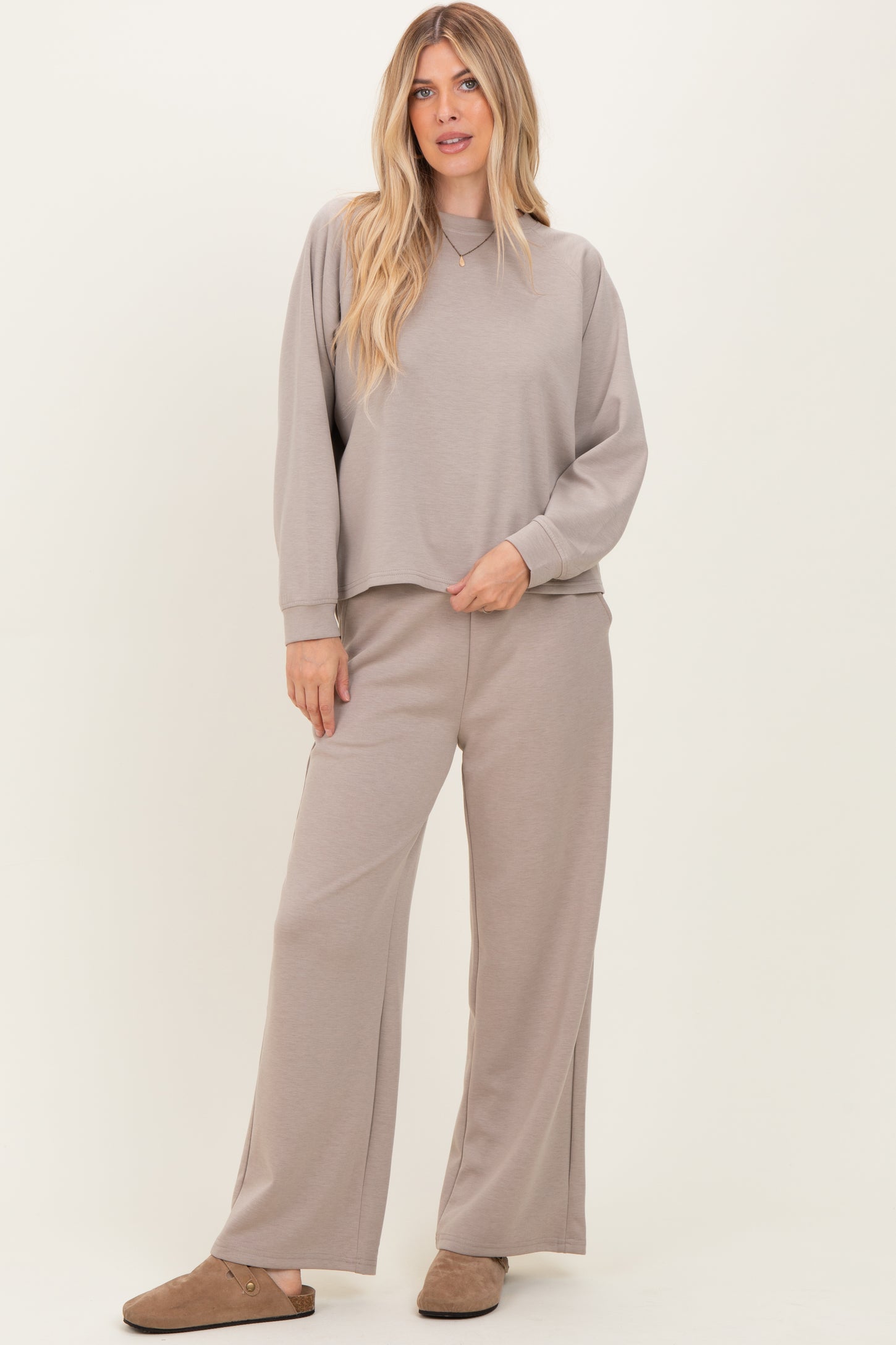 Beige Crewneck Pullover Pant Set