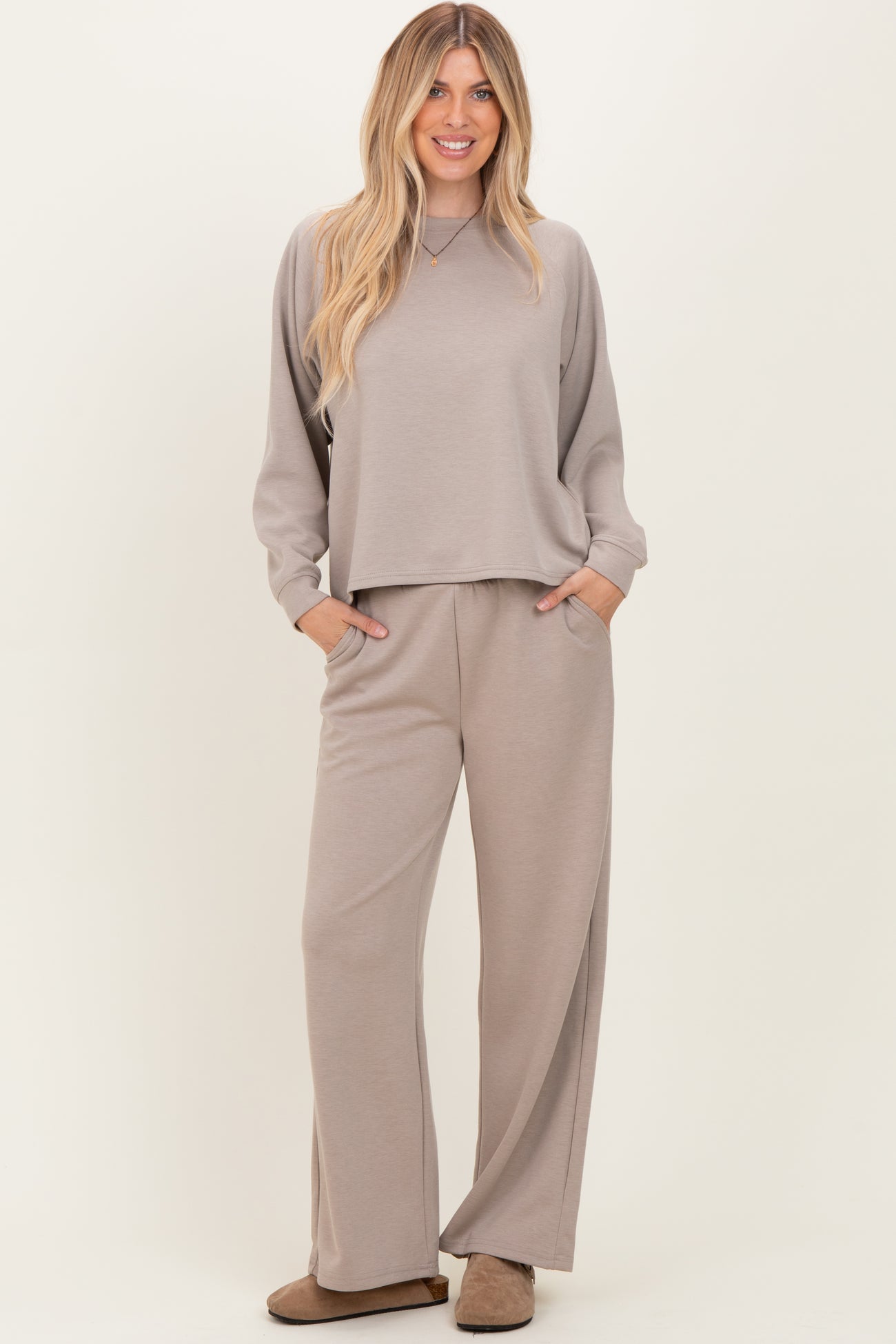 Beige Crewneck Pullover Pant Set