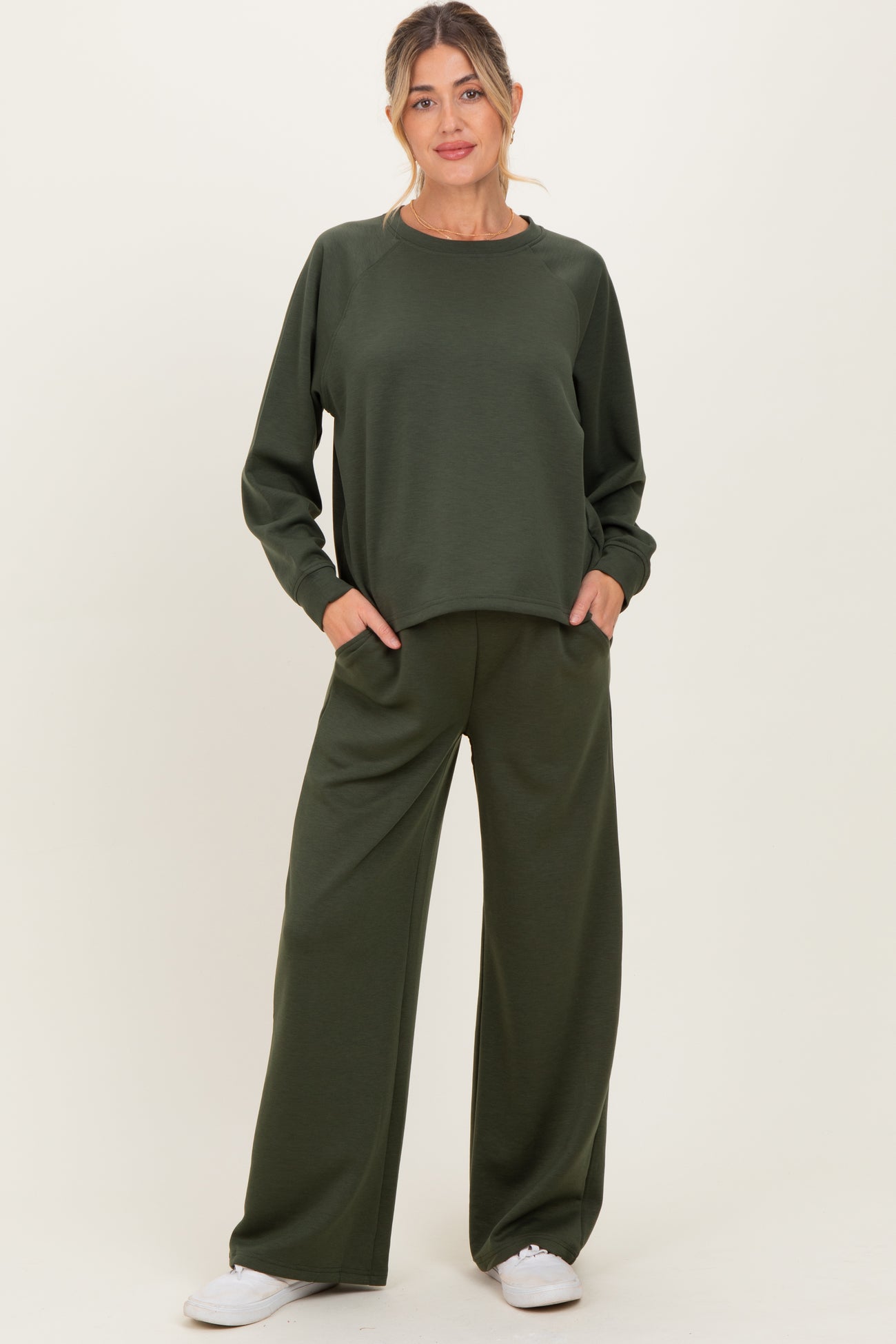 Olive Crewneck Pullover Pant Maternity Set