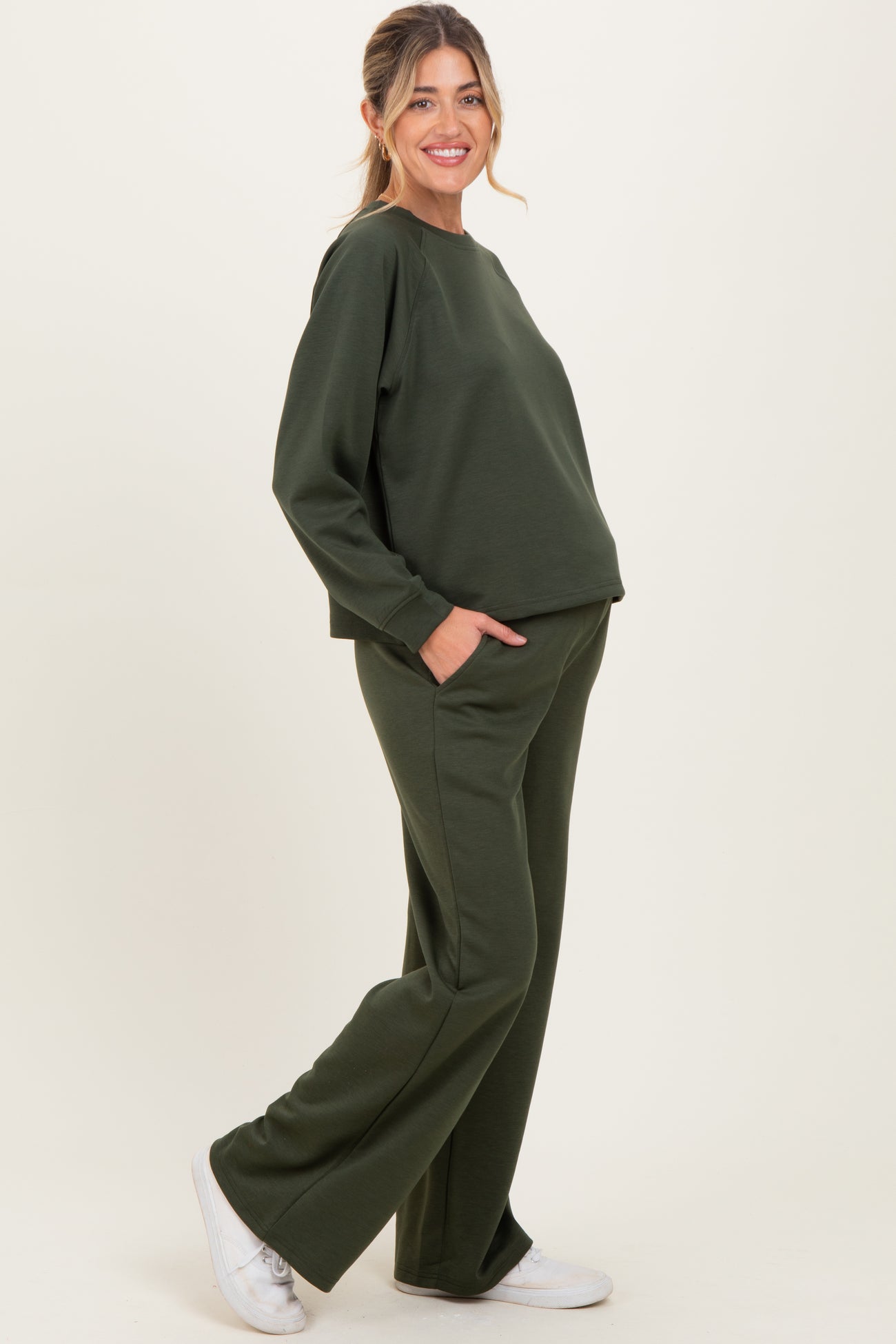 Olive Crewneck Pullover Pant Maternity Set