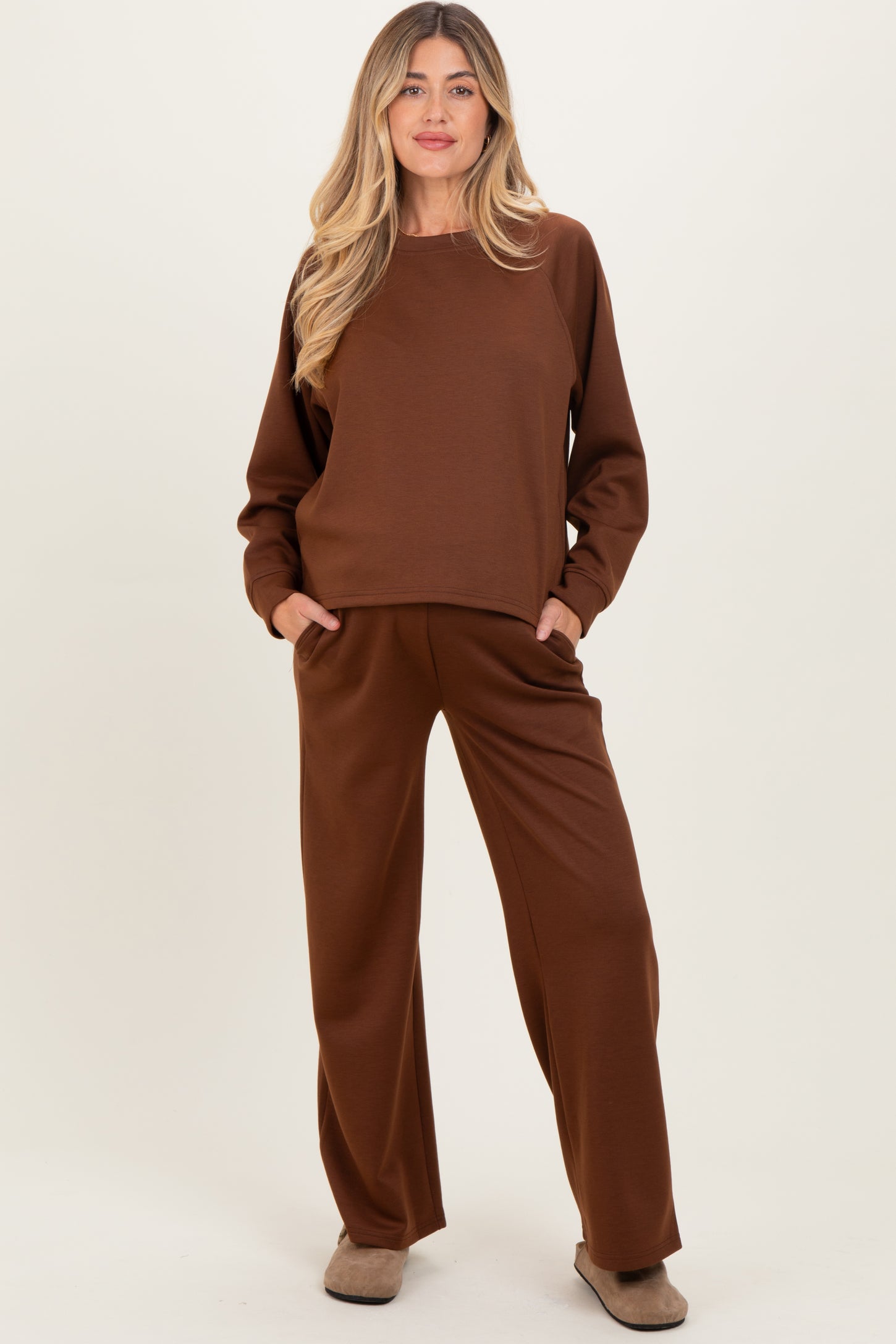 Brown Crewneck Pullover Pant Maternity Set