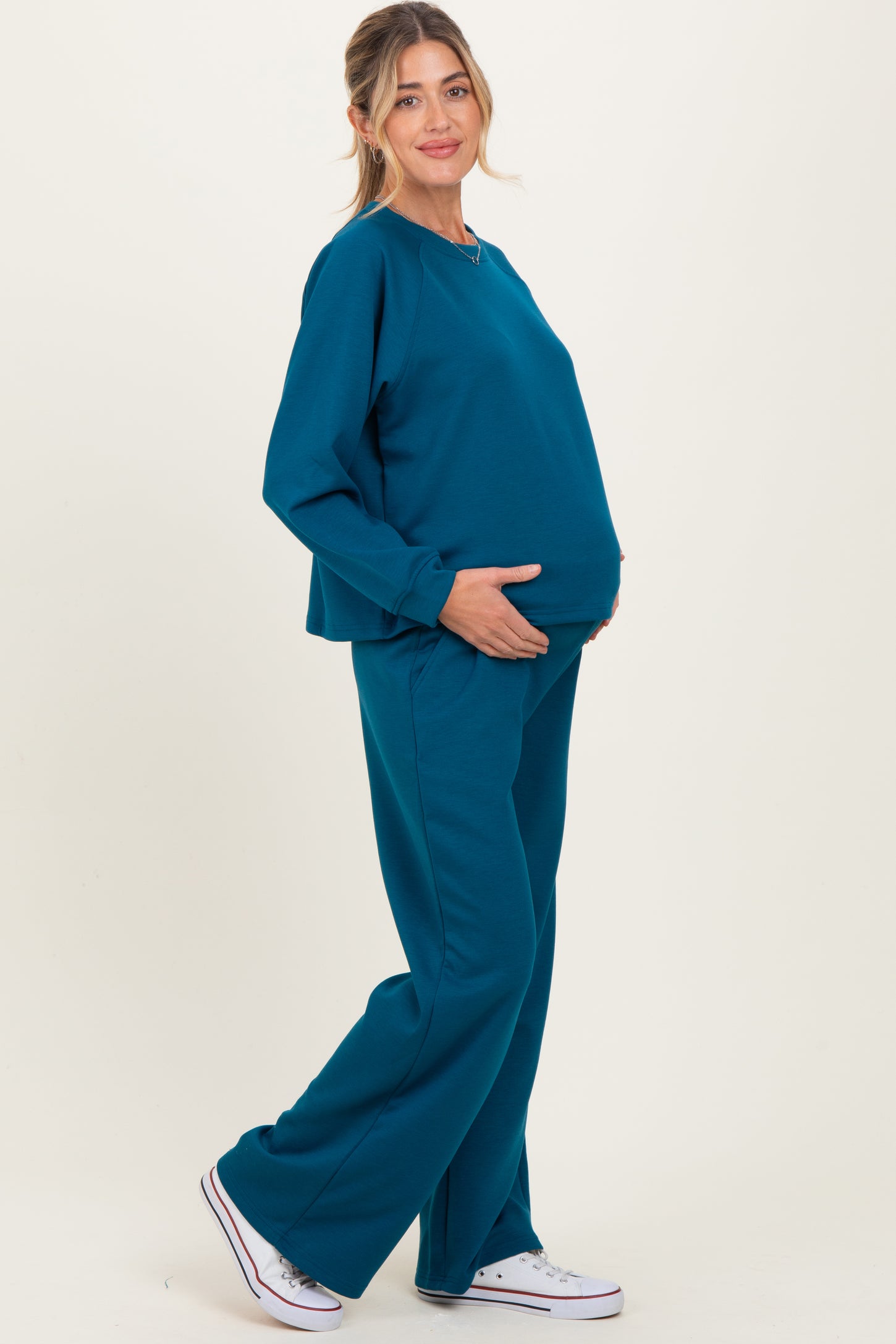Deep Teal Crewneck Pullover Pant Maternity Set