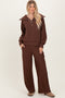 Brown Ribbed Half Zip Pullover Wide Leg Pant Set