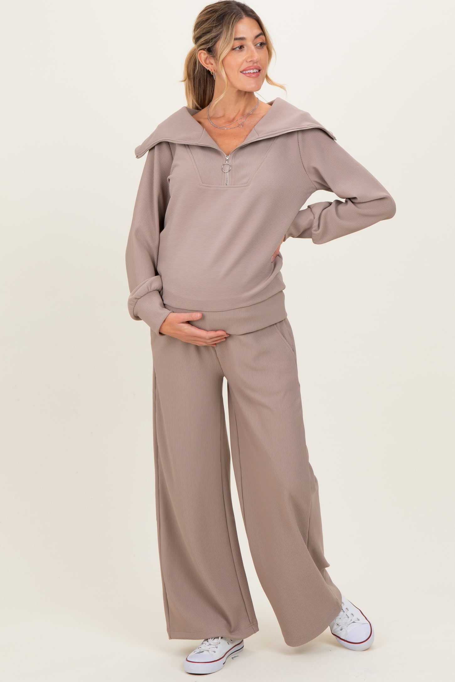 Mocha Ribbed Half Zip Pullover Wide Leg Pant Maternity Set
