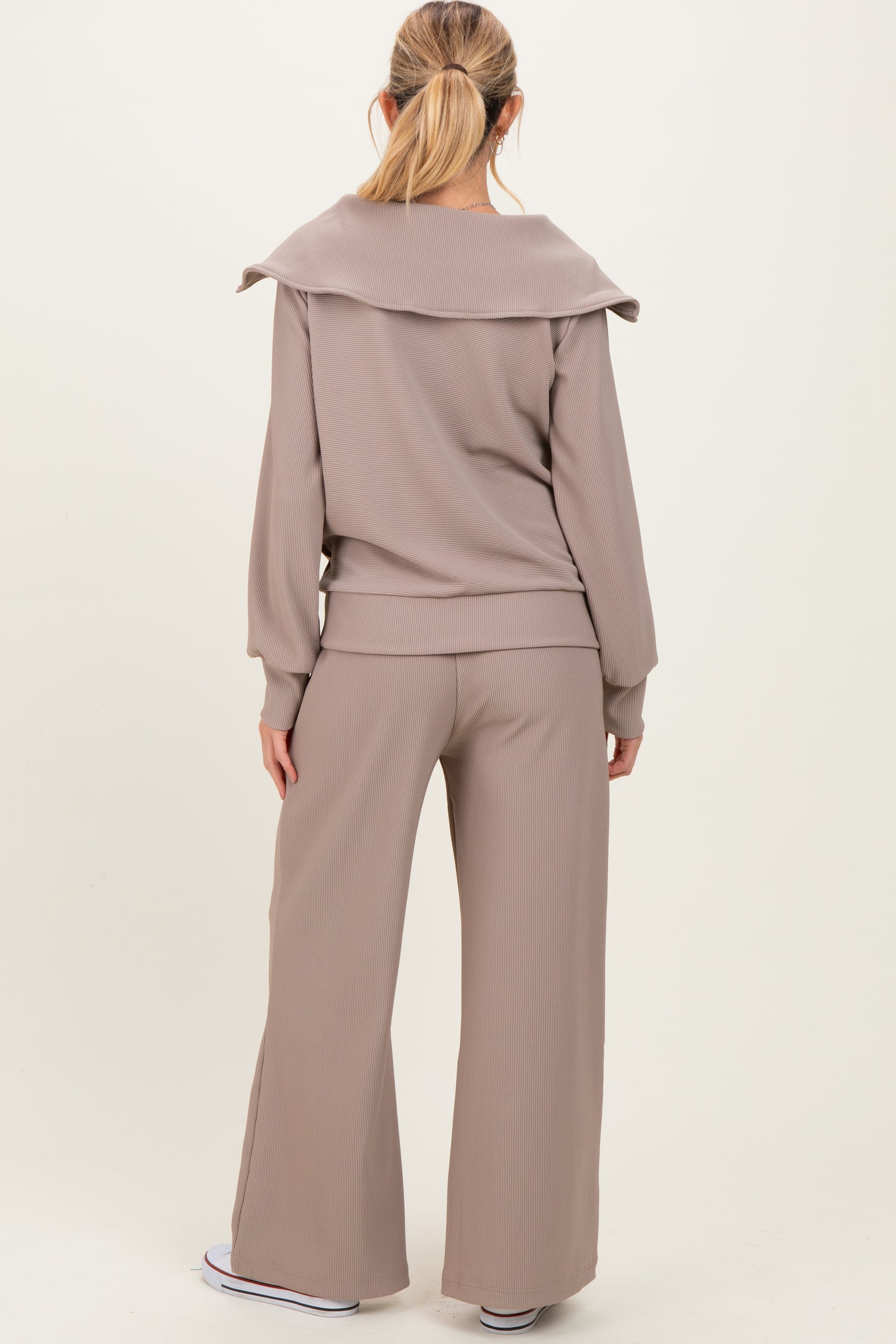 Mocha Ribbed Half Zip Pullover Wide Leg Pant Maternity Set