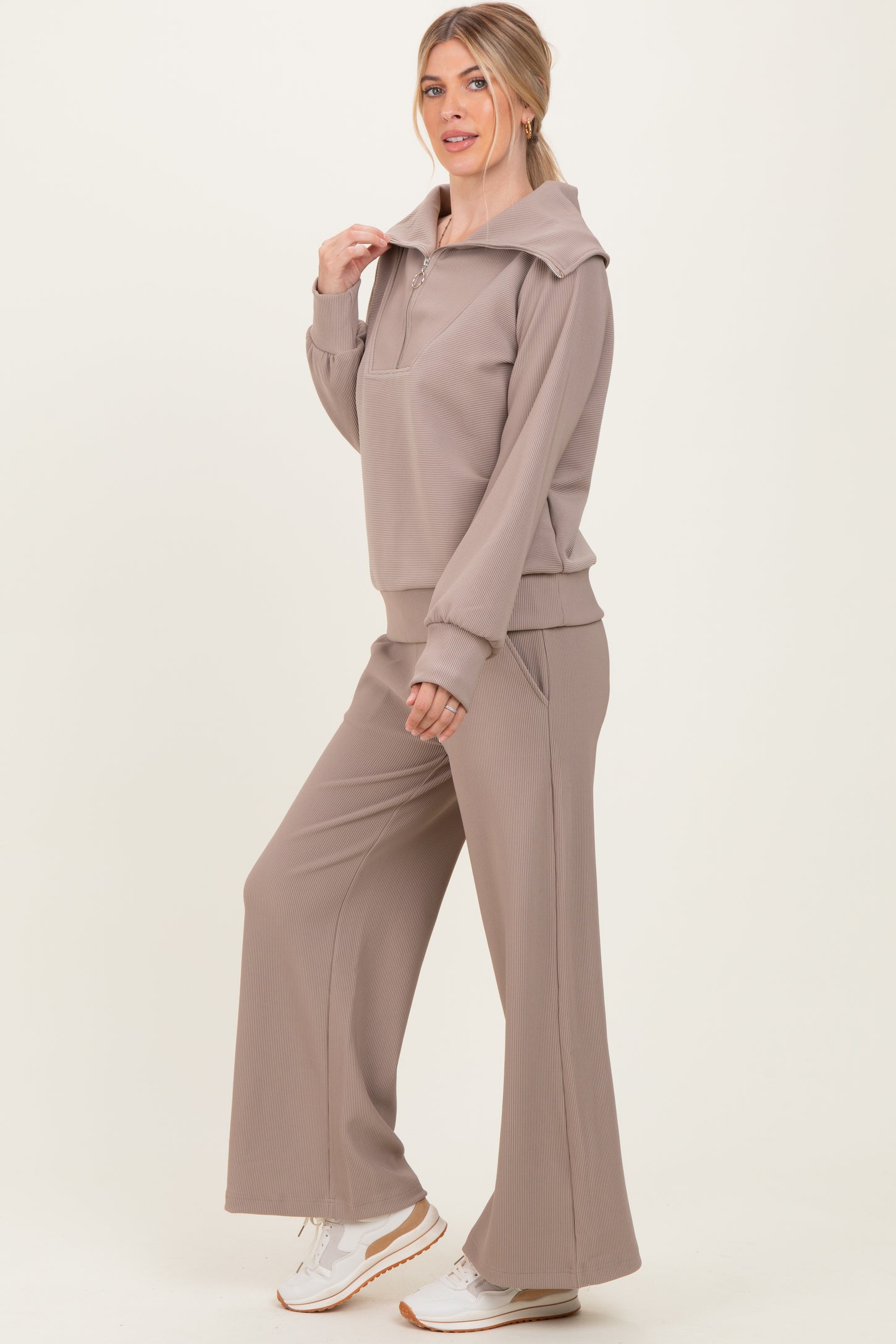 Mocha Ribbed Half Zip Pullover Wide Leg Pant Set