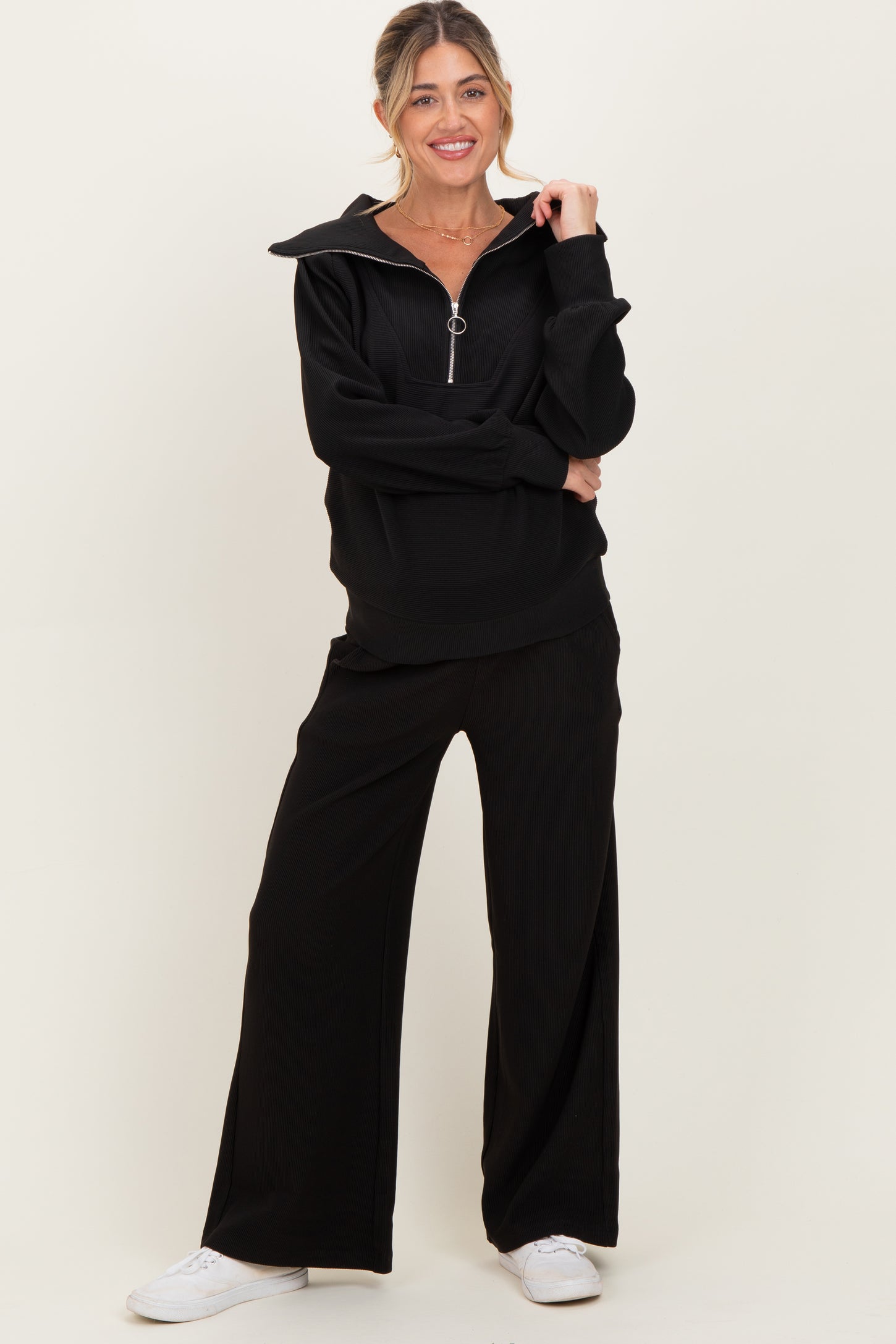 Black Ribbed Half Zip Pullover Wide Leg Pant Maternity Set