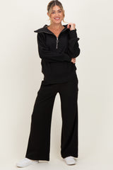 Black Ribbed Half Zip Pullover Wide Leg Pant Maternity Set