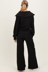 Black Ribbed Half Zip Pullover Wide Leg Pant Maternity Set