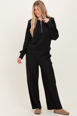 Black Ribbed Half Zip Pullover Wide Leg Pant Set