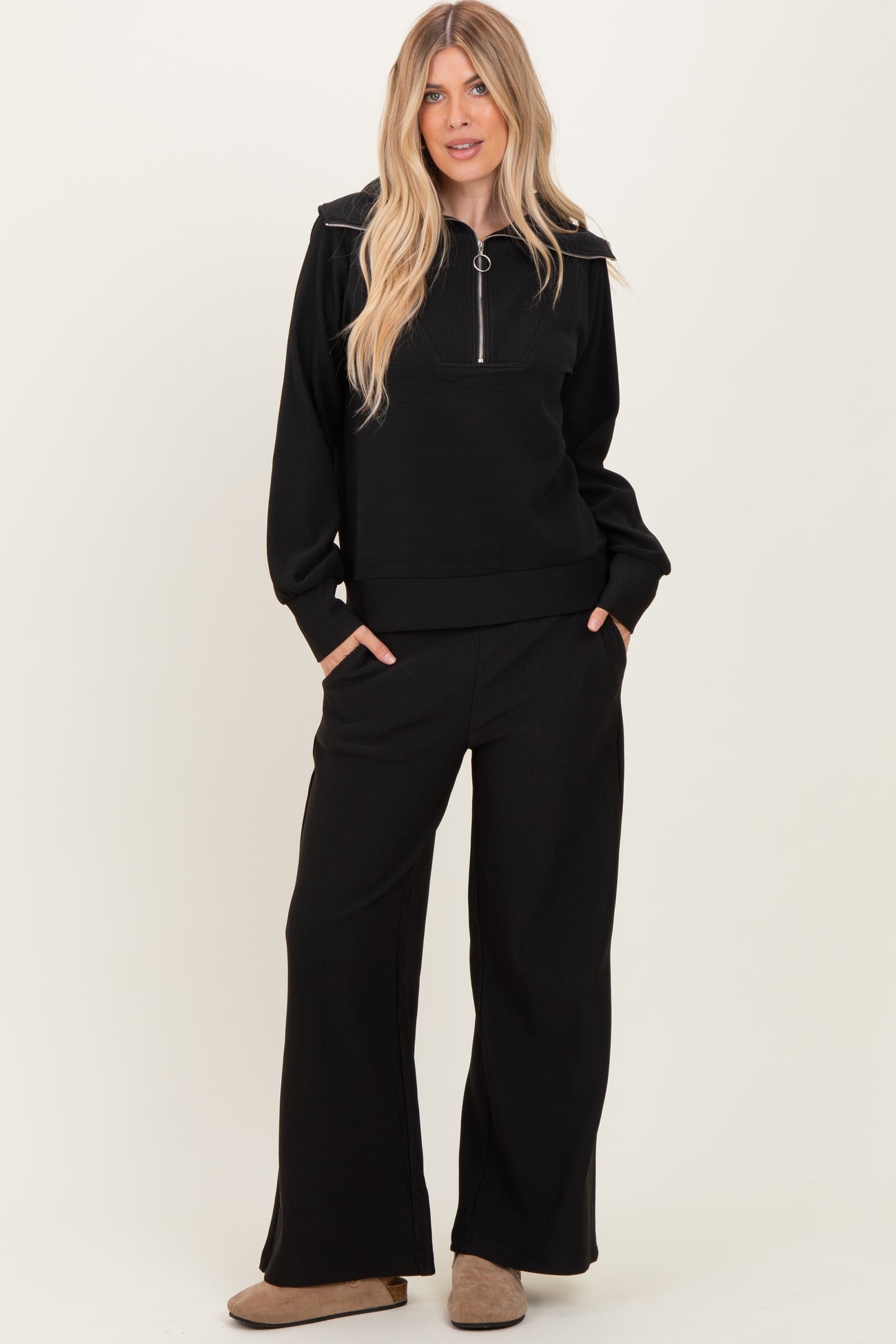 Black Ribbed Half Zip Pullover Wide Leg Pant Maternity Set