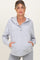 woman wearing a light gray maternity hoodie with a buttoned neck and front pockets