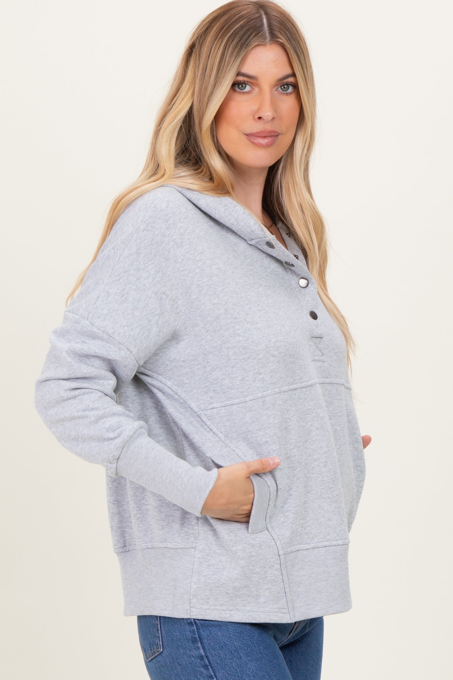 Heather Grey Fleece Snap Button Hoodie