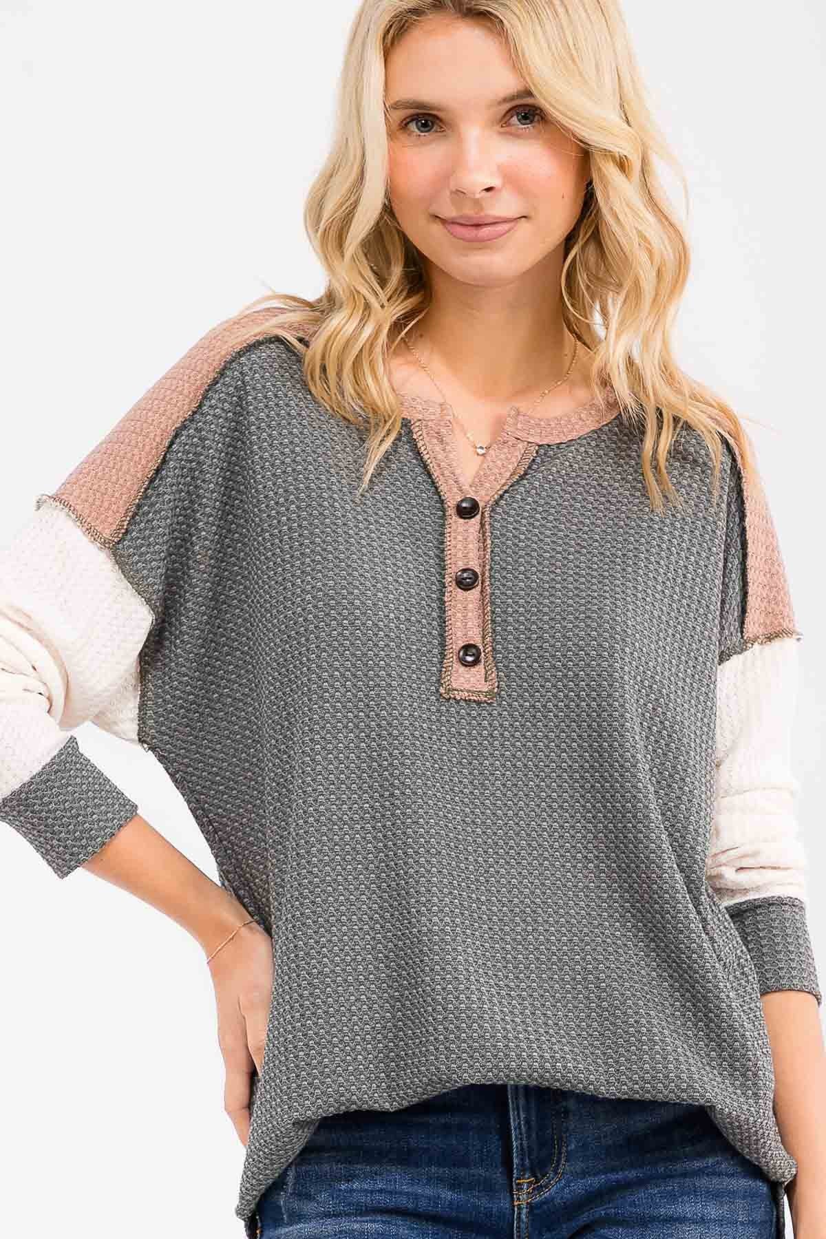Olive Colorblock Relaxed Waffle Knit Henley